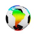 Soccer ball with planet earth globe concept isolated on white background. Football ball with rainbow continents. Royalty Free Stock Photo