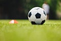 Soccer Ball and Red Cone Marker on Training Pitch. Football Turf. Soccer Stadium in Blurred Background Royalty Free Stock Photo