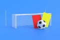 Soccer ball and red, yellow cards near goal post with net on blue background