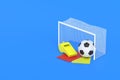 Soccer ball and red, yellow cards, whistle near goal post on blue background Royalty Free Stock Photo