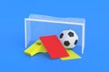 Soccer ball and red, yellow cards, whistle near goal post on blue background Royalty Free Stock Photo