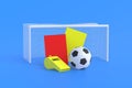 Soccer ball and red, yellow cards, whistle near goal post on blue background