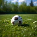 soccer ball resting on a freshly mowed green field, perfect for sports-related designs Royalty Free Stock Photo