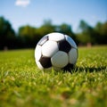 soccer ball resting on a freshly mowed green field, perfect for sports-related designs Royalty Free Stock Photo