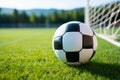 Soccer ball resting on the vibrant green playing field