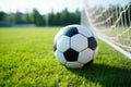 Soccer ball resting on the vibrant green playing field