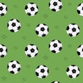 Soccer ball seamless pattern for background, web, style elements. Green background. Hand drawn sketch. Sport vector