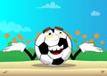 Soccer ball shrugs shoulders expressing don`t know gesture.