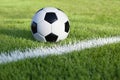 Soccer ball sits on grass field with white stripe Royalty Free Stock Photo