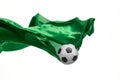 Soccer ball and Smooth elegant transparent green cloth isolated or separated on white studio background. Royalty Free Stock Photo