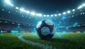 Soccer ball on stadium grass with digital data analysis network. Futuristic tech enhances football game with statistics Royalty Free Stock Photo