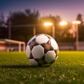 Star soccer ball on the grass. Sunset. AI generated digital art
