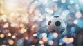 Soccer ball in bokeh lights, colorful sports image, football sphere floating, vibrant background, sports concept