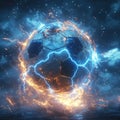 A soccer ball is surrounded by fire and lightning, creating a dramatic Royalty Free Stock Photo