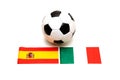 Soccer ball together with Spain flag and Italy flag Royalty Free Stock Photo