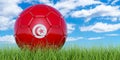 Soccer ball with Tunisian flag on the green grass against blue sky, 3D rendering