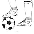 Soccer ball under player boot. Hand drawn sketch. Black line on white background. Sport collection vector illustration Royalty Free Stock Photo