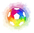 Soccer ball with watercolor rainbow background and watercolor rainbow spray. Royalty Free Stock Photo