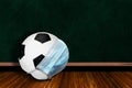 Soccer Ball Wearing Mask With Chalkboard Background and Copy Space