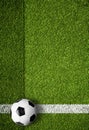 Soccer ball on white marking line, edge of football field Royalty Free Stock Photo