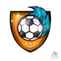 Soccer ball with wind blue trail in center of shield. Sport logo isolated on white Royalty Free Stock Photo