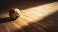 Soccer Ball on Wooden Floor in Sunlight Royalty Free Stock Photo