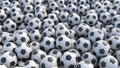 Soccer balls background. Many classic black and white football balls lying in a pile