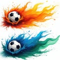 Soccer balls burst with fire, water elements. Dynamic abstract sport graphics showcase elemental forces colliding in vibrant, Royalty Free Stock Photo