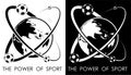 Soccer balls revolve around planet earth in form of atom. Power and energy of sport. Football sport competition emblem. Vector