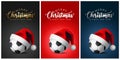 Soccer balls and Santa Claus hat - Merry christmas Greeting Cards - vector design illustration Set of black - red - blue Backgroun Royalty Free Stock Photo