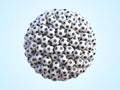 Soccer balls in shape of sphere. Many classic black and white football balls arranged in sphere shape on blue background Royalty Free Stock Photo