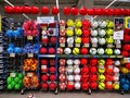 Soccer balls of various colors at Decathlon Royalty Free Stock Photo