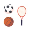 Soccer Or Basketball Balls And Tennis Racket Isolated On White Background. Sports Equipment And Items Royalty Free Stock Photo