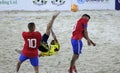 A soccer beach player from Colombia making a bicycle kick. Royalty Free Stock Photo