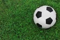 Soccer black and white ball on the green grass, top view.