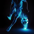 Soccer blue player kicker on black background kicking football with dramatic lighting.