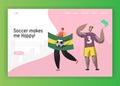 Soccer Brazil Fan Character Couple Landing Page. Excited Friend Celebrate Brazilian Sport Event Cup Game with Flag