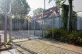 Soccer cage in the city, iron gate protection grid with soccer court behind it, empty