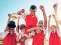 Soccer, celebration and kids team with trophy on soccer field, happy and excited at winning game. Sports, boy children