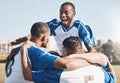 Soccer, celebration and men winning sports competition or game with teamwork on a field. Football champion group