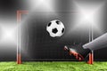 Soccer. Championship concept with soccer player.Striker scoring a goal with accurate shot Royalty Free Stock Photo