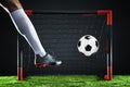 Soccer. Championship concept with soccer player.Striker shooting on goal Royalty Free Stock Photo