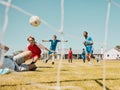 Soccer, children and sports with a boy team playing a game on a grass pitch or field for competition or fun. Football Royalty Free Stock Photo