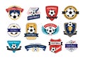 Soccer club badge collection. Football team emblems with soccer balls, sport game tournament labels vector set Royalty Free Stock Photo