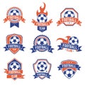 Soccer club emblem. Football badge shield logo, soccer ball team game club elements, soccer competition and championship Royalty Free Stock Photo