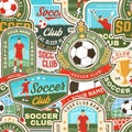 Soccer club seamless pattern. Vector illustration. Wallpaper, background with with football goalkeeper, ball, player and