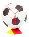 Soccer concept, ball, whistle, red and yellow card