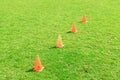 Soccer cone standing on grass. Royalty Free Stock Photo