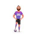 Soccer. Cool soccer football player standing full length, isolated. Soccer player in uniforms standing with ball. Spor