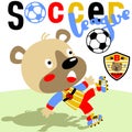 Cute bear playing soccer, vector cartoon illustration